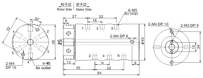 30060043006004系列4~6mm气管6通路气滑环 系列滑环外形图纸